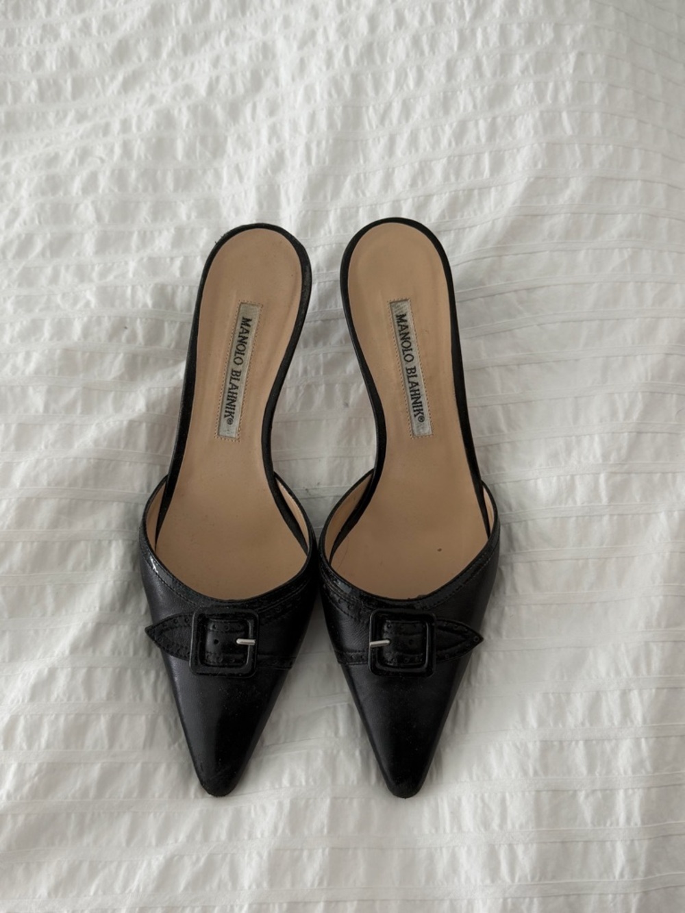 Manolo Blahnik Black Pointed Buckle Mules